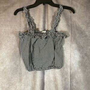 American Eagle Outfitters Black & White Buffalo Plaid Cropped Ruffle Top | Small